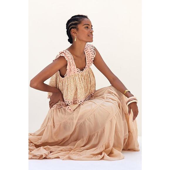 New Anthropologie Let Me Be Eyelet Tiered Swing Top $110 SMALL Neutral Motif - Picture 4 of 4